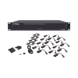 Kit Premium de 16 canales para transmisión de alimentación (de 36 VCD a 12 VCD) y video (hd-TVI) a distancias de hasta 300 m.