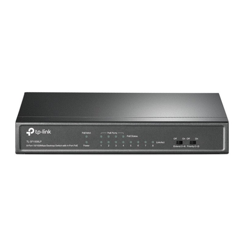 Switch PoE no Administrable de escritorio 8 puertos 10/100 Mbps, 4 puertos PoE, 41 W, modo extensor PoE hasta 250 m.
