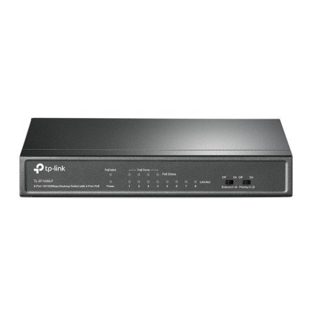 Switch PoE no Administrable de escritorio 8 puertos 10/100 Mbps, 4 puertos PoE, 41 W, modo extensor PoE hasta 250 m.