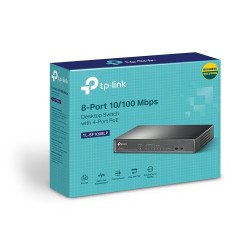 Switch PoE no Administrable de escritorio 8 puertos 10/100 Mbps, 4 puertos PoE, 41 W, modo extensor PoE hasta 250 m.
