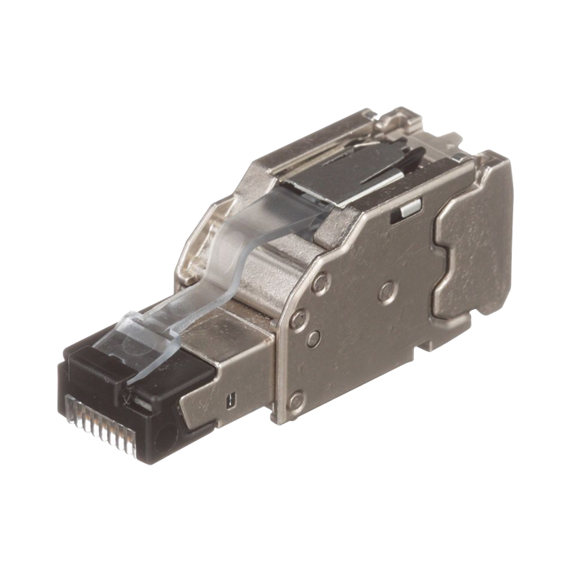 Plug RJ45 blindado, instalación recta, terminación en campo certificable, compatible con cat5e, cat6 y cat6a, color plata
