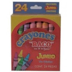 Crayones Baco jumbo 65490. Surtido con 24 piezas colores variados. Crayones redondos tamaño jumbo fabricados con ceras y materia