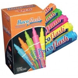Resaltador Baco Bacoflash 99341 amarillo. Plegadiza con 12 piezas. Marcador de tinta fluorescente a base agua no tóxico.