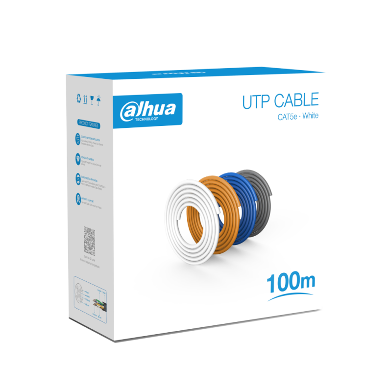 Bobina de 100 m de cable UTP cat5e, 100% cobre, color blanco, cubierta retardante de flama con certificación ANSI, UL cm, ideal