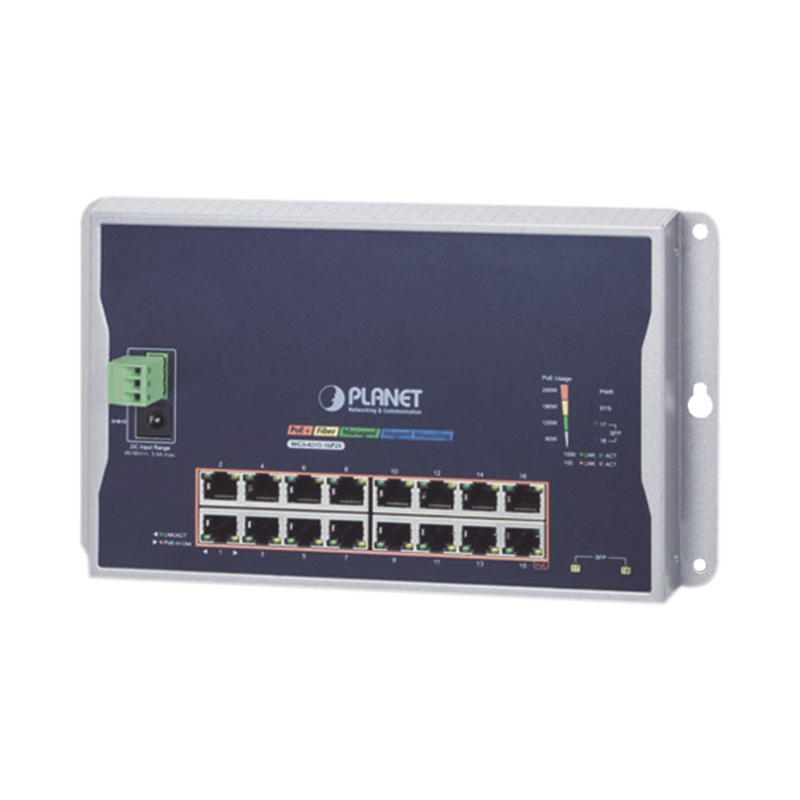 Switch industrial administrable capa 2 de pared,16 puertos PoE 802.3at gigabit y 2 puertos  SFP