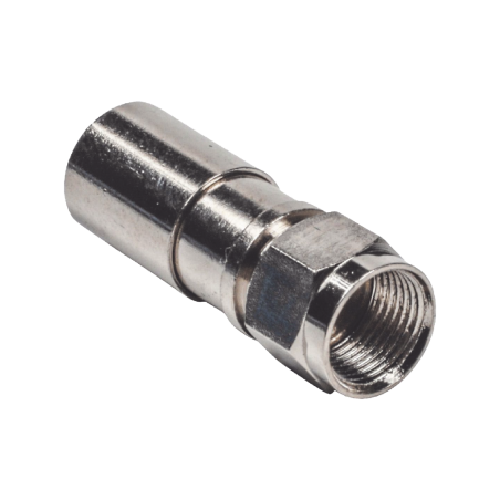 Conector f macho de compresión, metálico para cable RG-6, cuerpo de bronce niquelado.