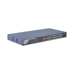 Switch monitoreable de 24 puertos Poe+ (hasta 250 m), 10/100 Mbps, 2 puertos RJ45 + 2 SFP (combo), 370 watts, conexión remota de
