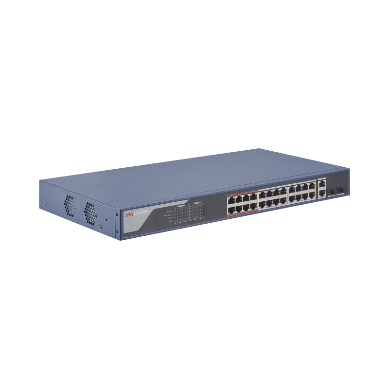 Switch monitoreable de 24 puertos Poe+ (hasta 250 m), 10/100 Mbps, 2 puertos RJ45 + 2 SFP (combo), 370 watts, conexión remota de