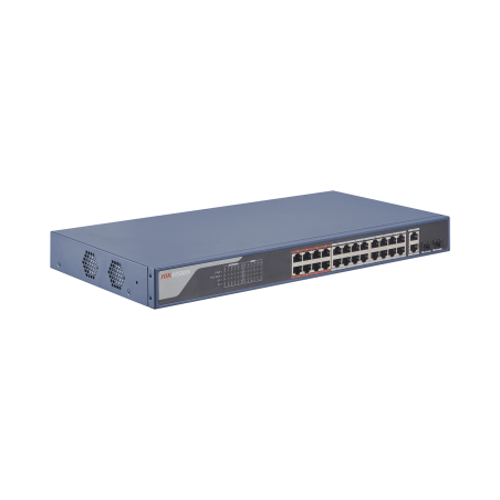 Switch monitoreable de 24 puertos Poe+ (hasta 250 m), 10/100 Mbps, 2 puertos RJ45 + 2 SFP (combo), 370 watts, conexión remota de