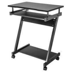 Escritorio compacto, repisa para computadora de torre, bandeja deslizable, cuatro ruedas, negro