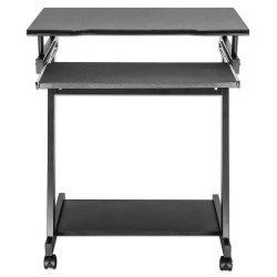 Escritorio compacto, repisa para computadora de torre, bandeja deslizable, cuatro ruedas, negro