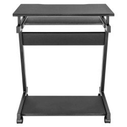 Escritorio compacto, repisa para computadora de torre, bandeja deslizable, cuatro ruedas, negro