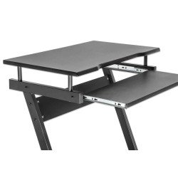 Escritorio compacto, repisa para computadora de torre, bandeja deslizable, cuatro ruedas, negro