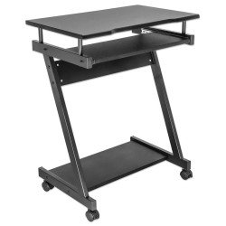 Escritorio compacto, repisa para computadora de torre, bandeja deslizable, cuatro ruedas, negro