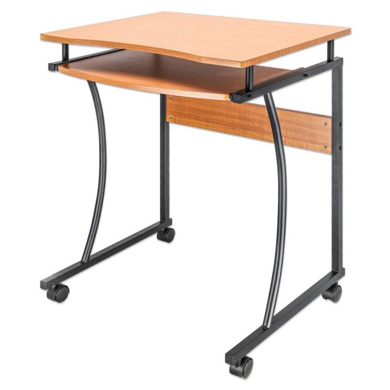 Escritorio compacto, bandeja deslizable, cuatro ruedas, café claro