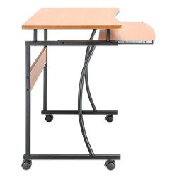 Escritorio compacto, bandeja deslizable, cuatro ruedas, café claro