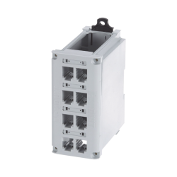 Panel de parcheo modular para cobre, de instalación en riel DIN estándar de 35mm, 8 puertos mini-com, color gris