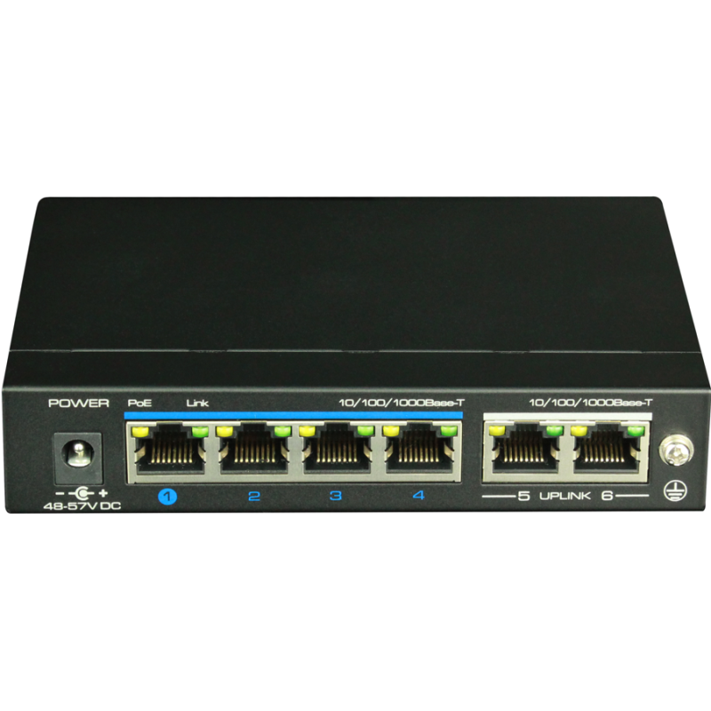 Switch utePo gigabit PoE, no administrable, 4 puertos PoE gigabit, 2 puertos gigabit RJ45, modo CCTV, PoE 60 watts
