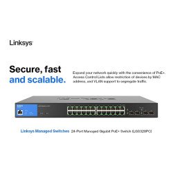 Switch PoE Administrable Linksys LGS328PC - Negro, 250 W, 24 + 4 SFP