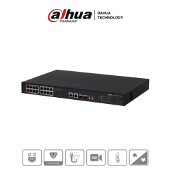 Switch PoE Ethernet de 18 puertos, 16 puertos PoE 10/100 Mbps, 135 Watts Totales, 2 Puertos SFP, PoE Watchdog, Switching 7.2 Gbp