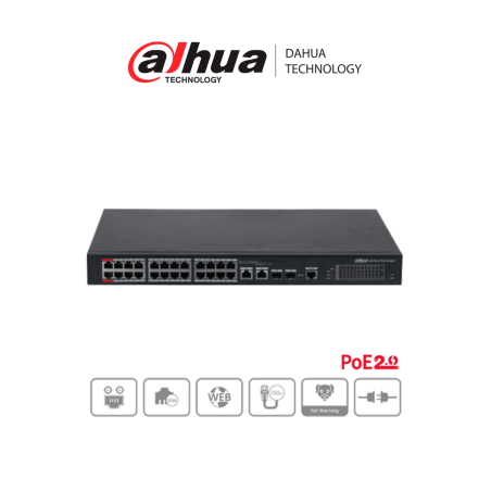 Switch PoE Administrable de 26 Puertos Ethernet, 24 Puertos PoE, 240 Watts Totales, Interfaz Web, Puerto 1 y 2 Soportan 90 Watts