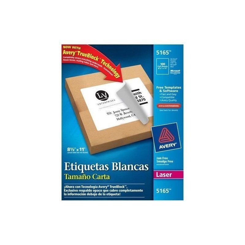 Etiquetas blancas Avery 5165 de 21.6x27.9 cm 1 paquete