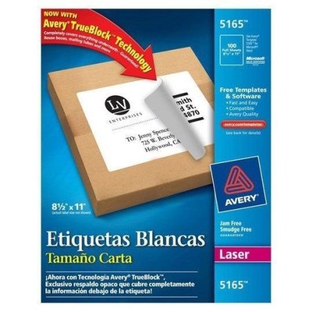 Etiquetas blancas Avery 5165 de 21.6x27.9 cm 1 paquete