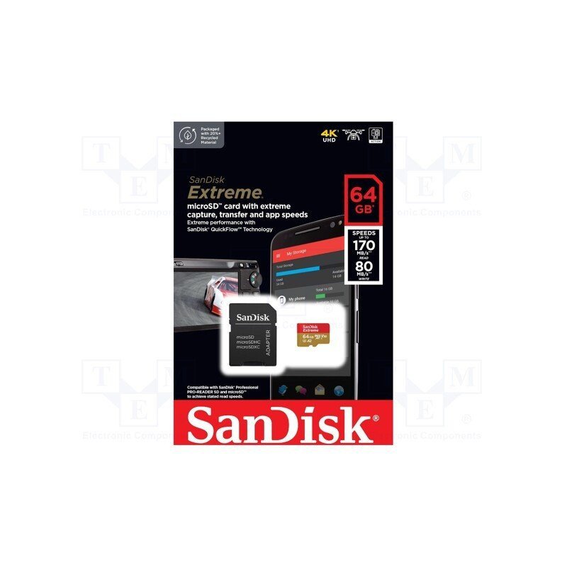 Memoria SanDisk extreme 64GB micro SDXC 170MB/s 4k clase 10 a2 v30 con adaptador