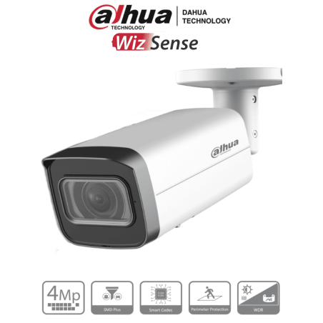 Cámara IP bullet de 4 megapixeles, lente motorizado de 2.7 a 13.5 mm, wizsense, ir de 60 metros, SMD plu