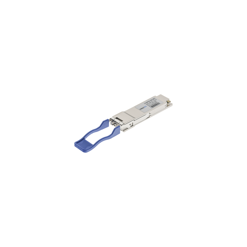 Transceptor q SFP28 (mini-gbic) para fibra monomodo, 100 gbps de velocidad, conectores lc, dúplex, hasta 3 km de distancia.