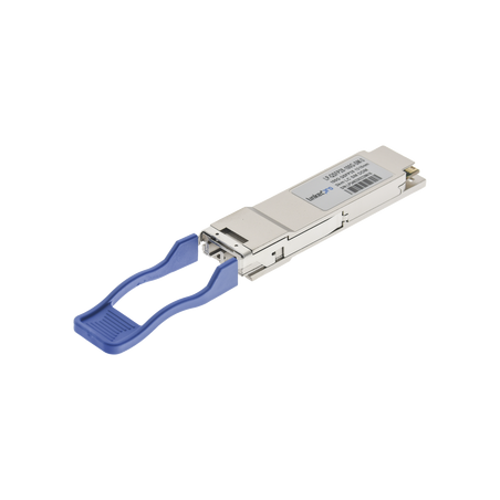 Transceptor q SFP28 (mini-gbic) para fibra monomodo, 100 gbps de velocidad, conectores lc, dúplex, hasta 3 km de distancia.