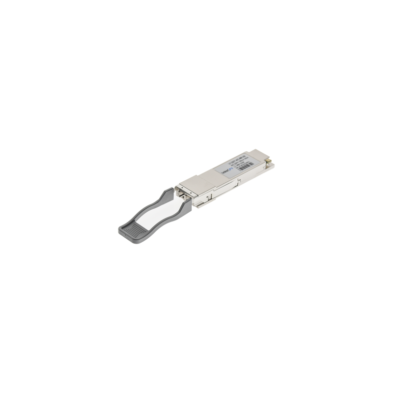 Transceptor q SFP+ (mini-gbic) para fibra multimodo, 40 gbps de velocidad, conectores lc, dúplex, hasta 300 m de distancia.