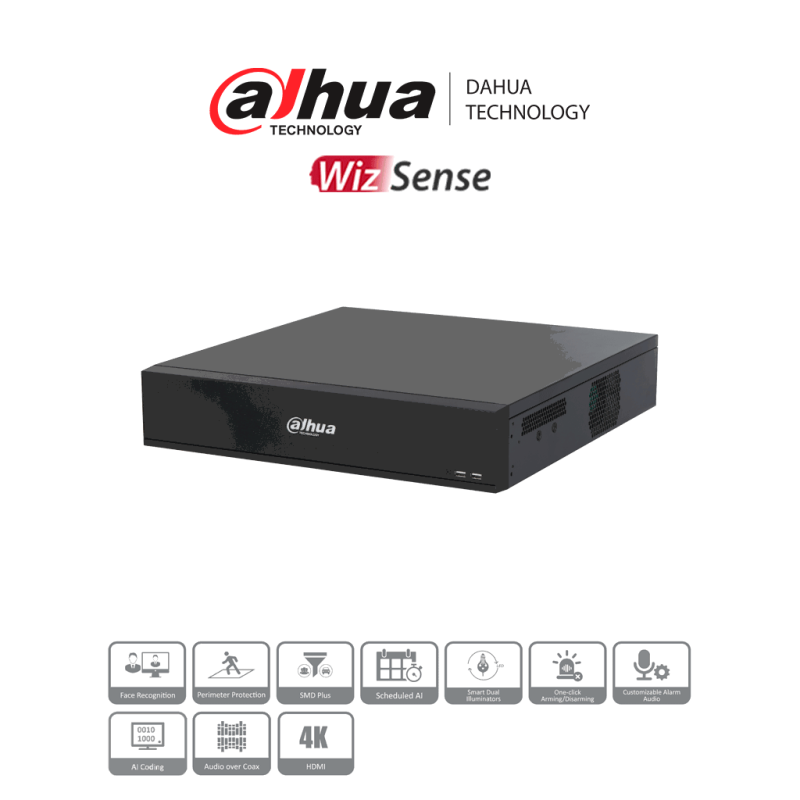 DVR de 16 canales 4k, Wizsense, h.265+, 8 bahías de discos duros, +16 canales IP, 6 canales con reconocimiento facial, smd plus,