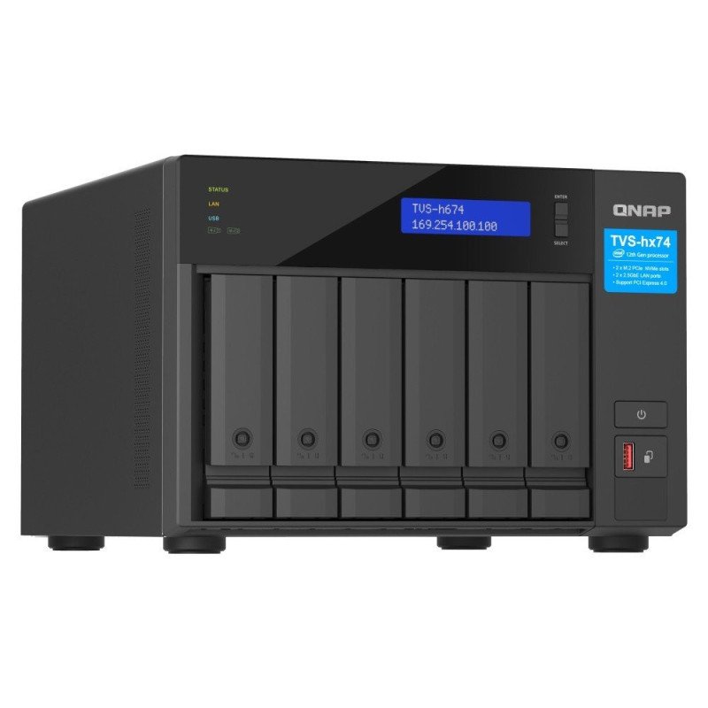 NAS Qnap TVS-H674-I3-16G-US, 6 bahías núcleo cuádruple 3.3GHz, 16GB DDR4 hasta 64GB, 2 pto 2, 5 GBE, USB 3.2 x2, hotswap,