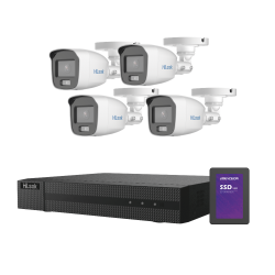Kit TurboHD 1080p + SSD 512 GB, DVR 4 Canales, 4 Cámaras Bala ColorVu con Micrófono Integrado, Fuente de Poder, Accesorios de In