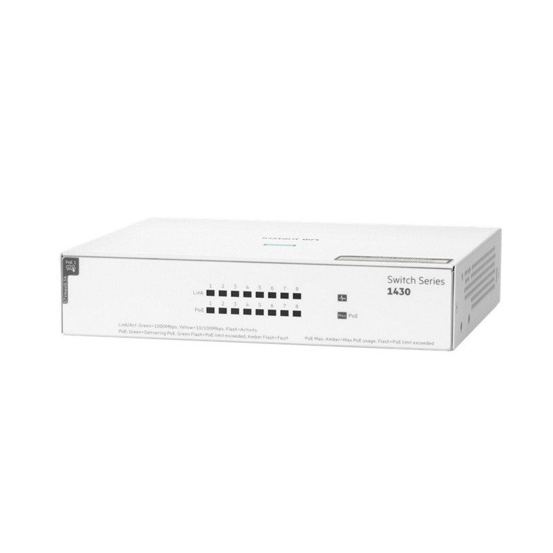 Switch HPe Aruba r8r46a instant on 1430 con 8 puertos Poe clase 4 RJ45 10/100/1000 Mbps no administrable