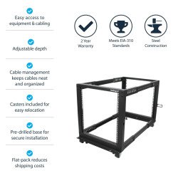 StarTech.com Rack 12U Móvil de Marco Abierto de 4 Columnas para Servidores - Rack de Cuatro Columnas de 19 Pulgadas para Equipo