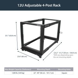 StarTech.com Rack 12U Móvil de Marco Abierto de 4 Columnas para Servidores - Rack de Cuatro Columnas de 19 Pulgadas para Equipo