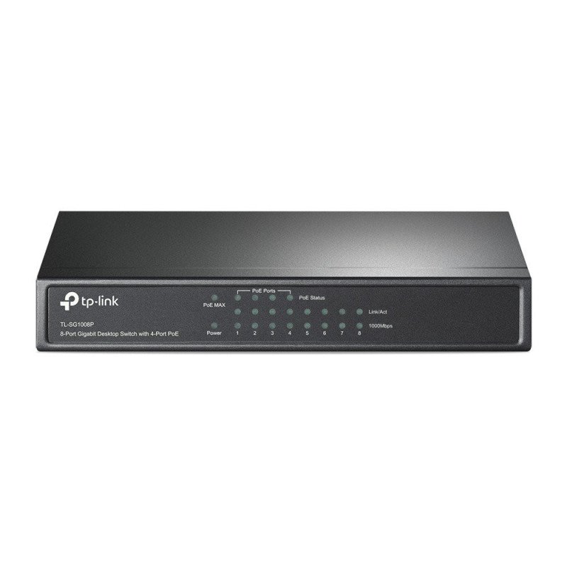 Switch TP-Link 8 puertos gigabit 4 puertos PoE IEEE 802.3af hasta 15.4w para cada uno Switch TP-Link 8 puertos gigabit 4 puertos PoE IEEE 802.3af hasta 15.4w para cada uno