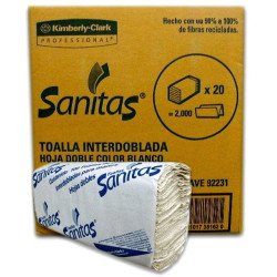 Sanitas, Toalla de manos interdobladas Sanitas, caja con 20 paquetes de 100 hojas.