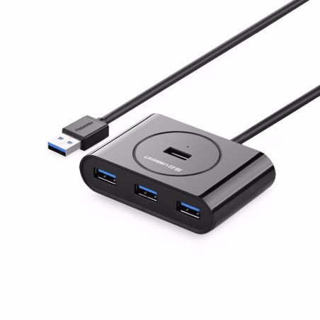 HUB USB-A 3.0 4 en 1, 4 Puertos USB-A 3.0 (5Gbps), Entrada USB-C (PD 5V2A), Cable de 1 Metro, Indicador Led