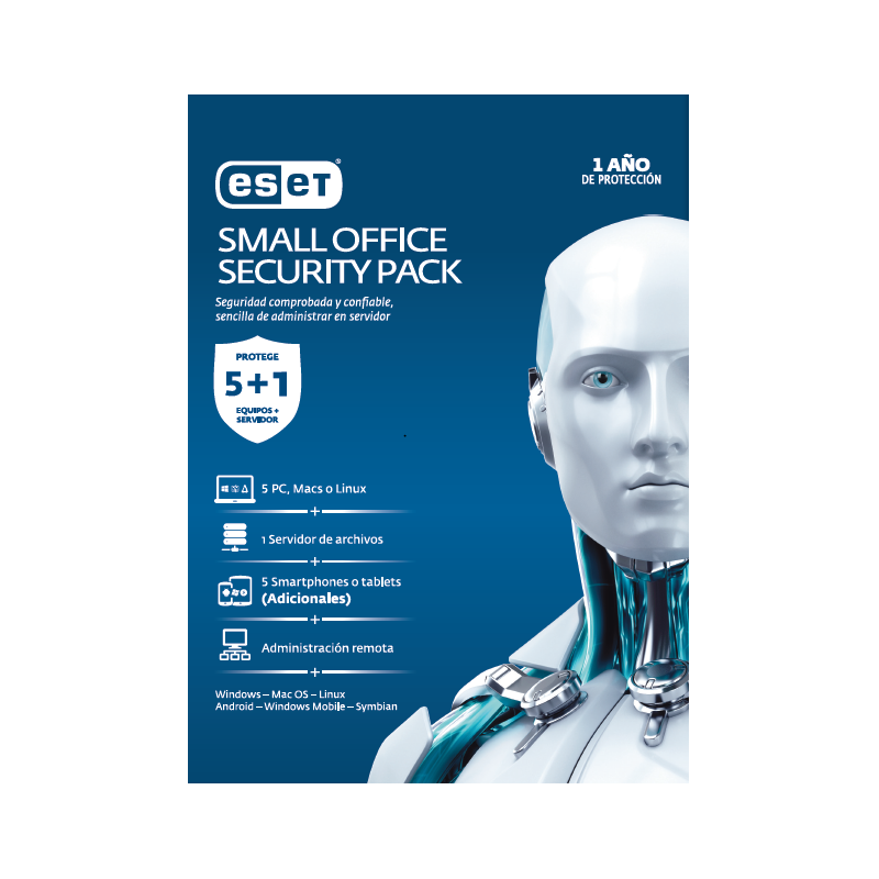 Small office security pack, 5 PCs + 5 Smartphone o tablet + 1 server + consola, 1 año de vigencia