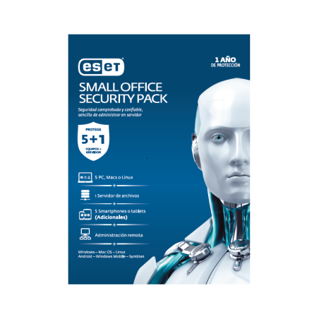 Small office security pack, 5 PCs + 5 Smartphone o tablet + 1 server + consola, 1 año de vigencia