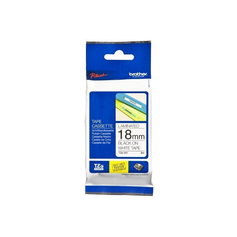 Cinta laminada Brother TZe241 letra negra sobre fondo blanco y grosor de 18mm