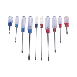 Juego de 10 desarmadores mango plástico (uso ligero), puntas magnéticas, 5 puntas planas (-) y 5 puntas Phillips. (+)