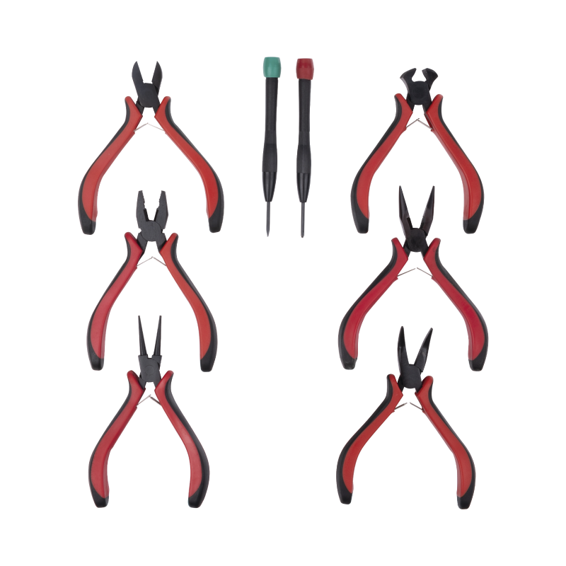 Juego de herramientas con 6 pinzas eléctricas de 4.5" + 2 desarmadores de precisión (plano y cruz).