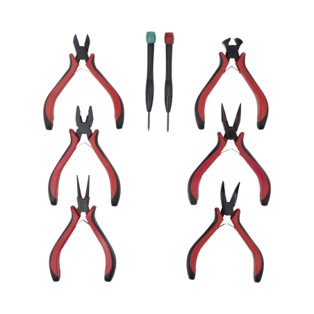 Juego de herramientas con 6 pinzas eléctricas de 4.5" + 2 desarmadores de precisión (plano y cruz).