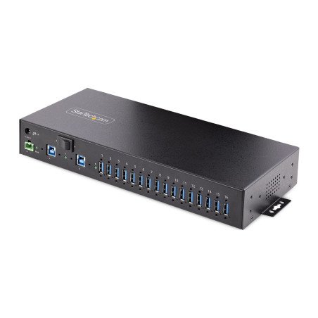 Hub USB 3.0 16 Puertos Industrial, Montaje en Rack/Superficie/DIN, Carga Compartida 120W, ESD, Bloque de Terminal, 16 Total