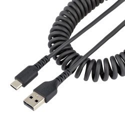 Cable de 1m de Carga USB A a USB C, Cable USB Tipo C en Espiral de Carga Rápida, Cable USB 2.0 A a USBC Negro, Extremo Secundar