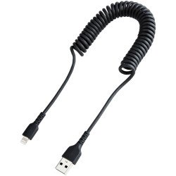 Cable de 1m USB a Lightning en Espiral con Certificación MFi Negro, Cable Lightning en Espiral de Carga para iPhone